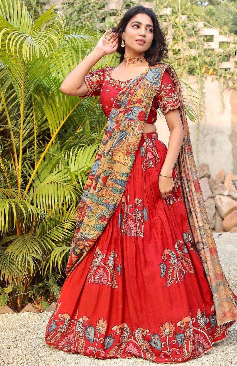 Kalamkari Printed Red Lehenga Choli Set with Embroidered Choli