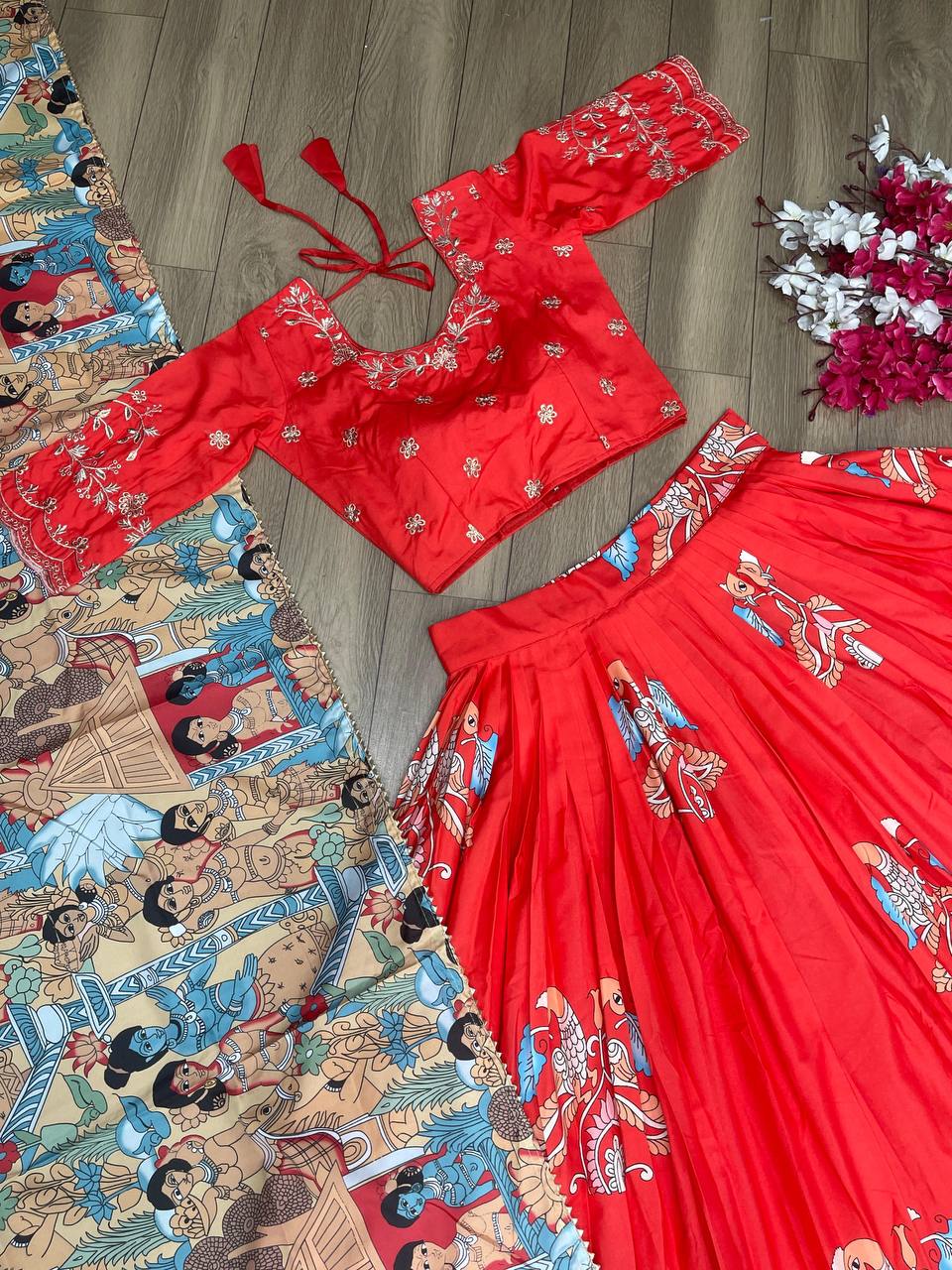 Kalamkari Printed Red Lehenga Choli Set with Embroidered Choli