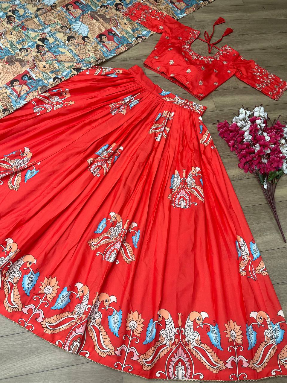 Kalamkari Printed Red Lehenga Choli Set with Embroidered Choli