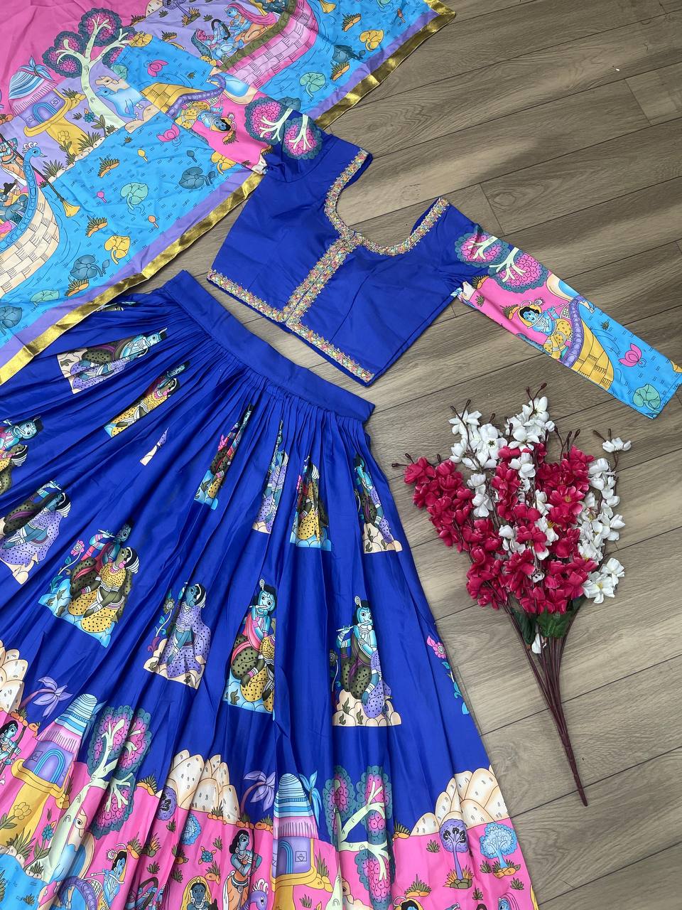 Kalamkari Printed Chent Crepe Lehenga Choli Set