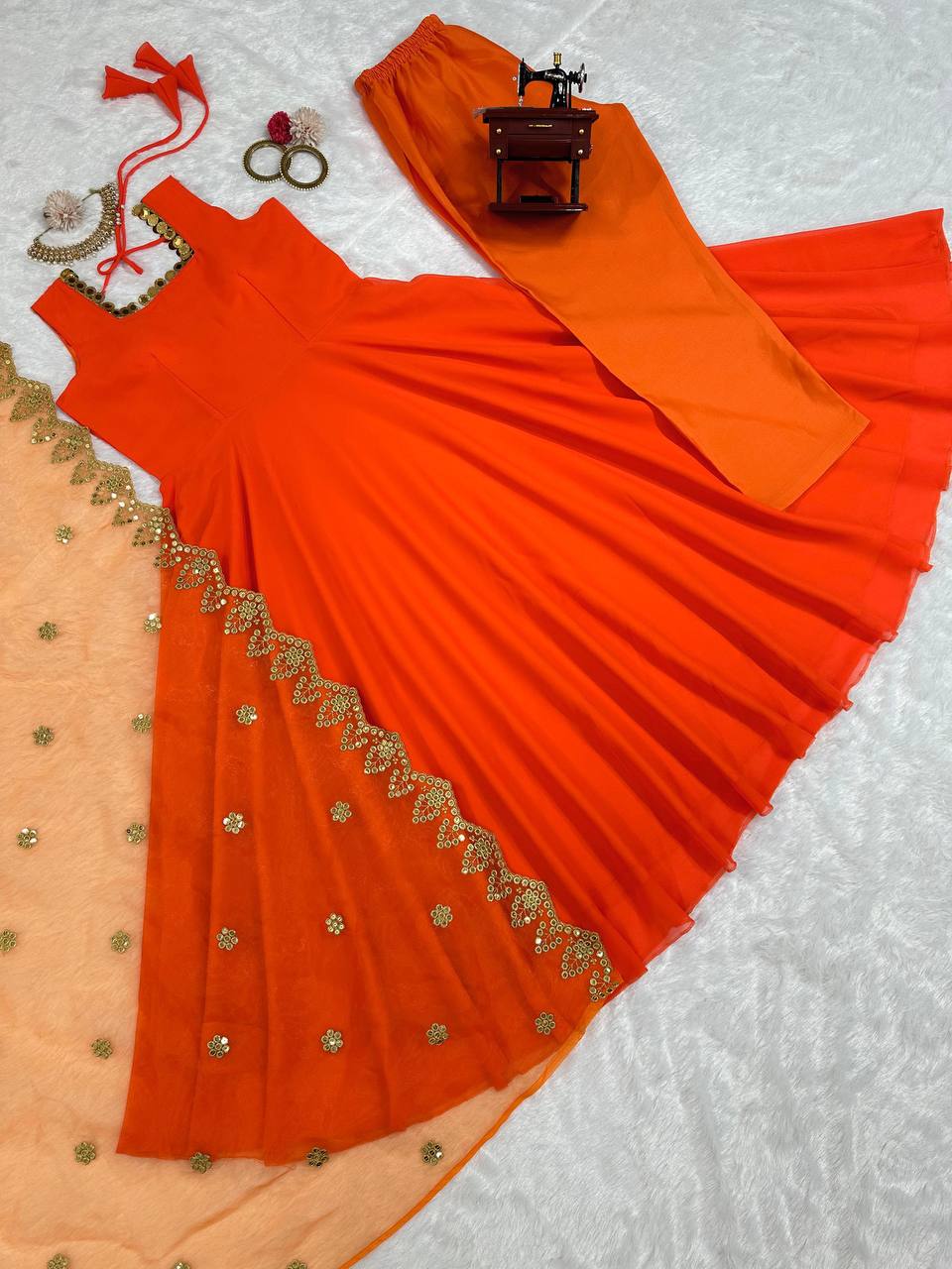 Elegant Georgette Gown with Dupatta and Pants Set