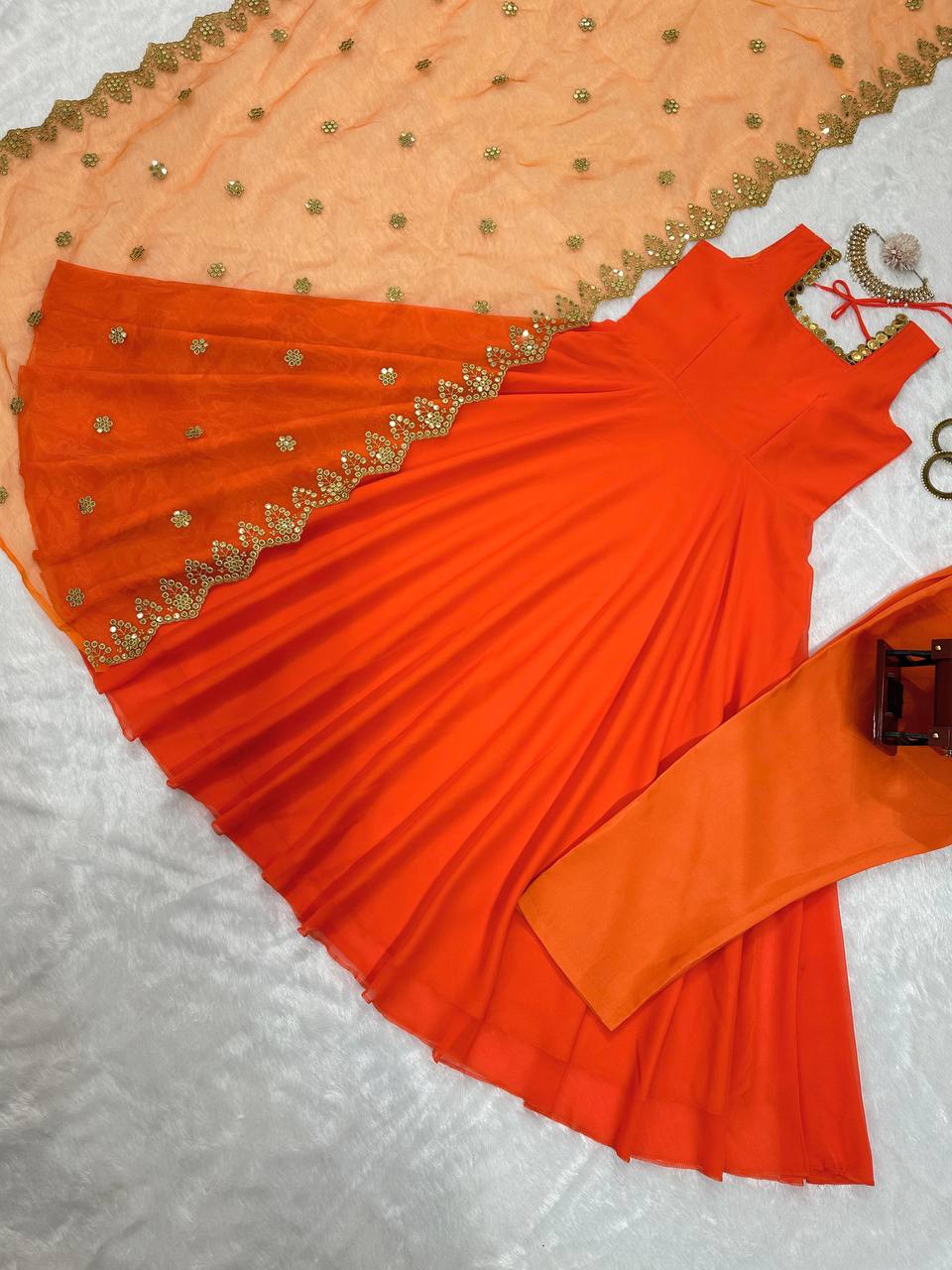 Elegant Georgette Gown with Dupatta and Pants Set