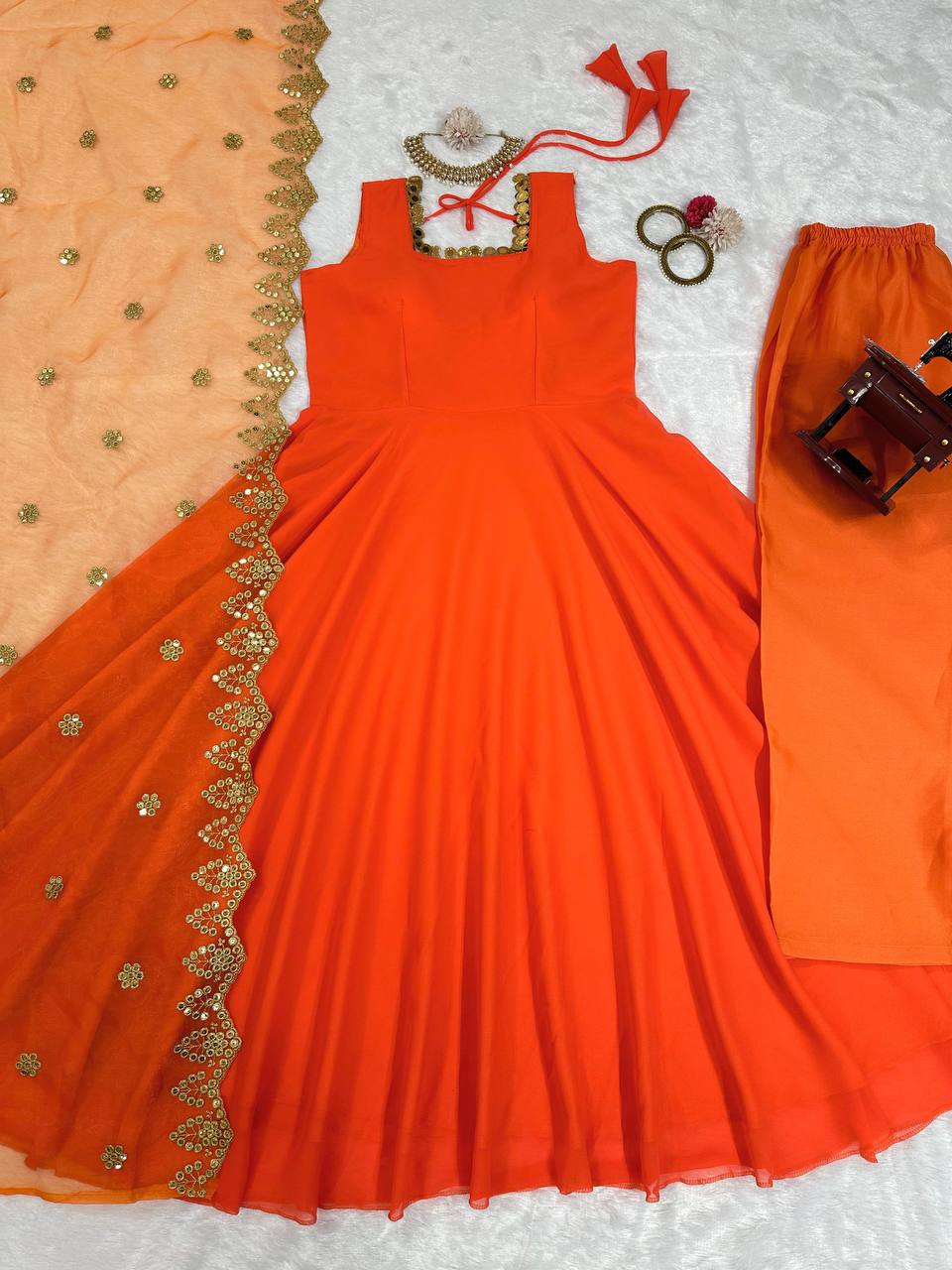 Elegant Georgette Gown with Dupatta and Pants Set