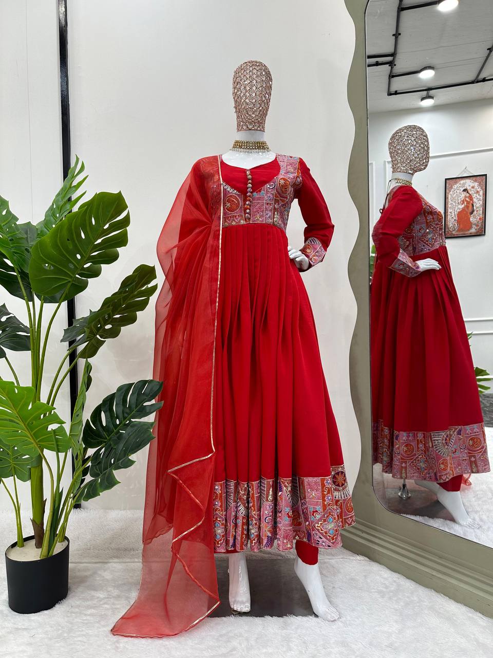 Embroidered Thread and Sequins Work  Red Coloured Roman Silk Gown, Pant, and Dupatta Set