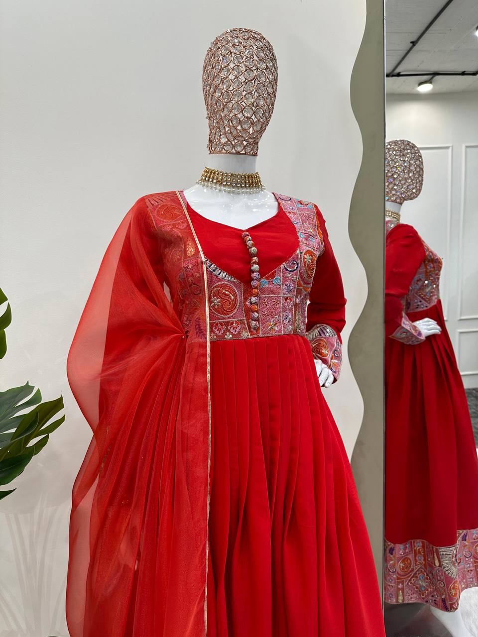 Embroidered Thread and Sequins Work  Red Coloured Roman Silk Gown, Pant, and Dupatta Set