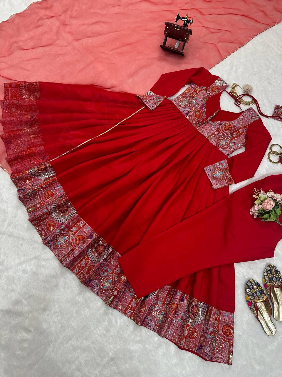 Embroidered Thread and Sequins Work  Red Coloured Roman Silk Gown, Pant, and Dupatta Set