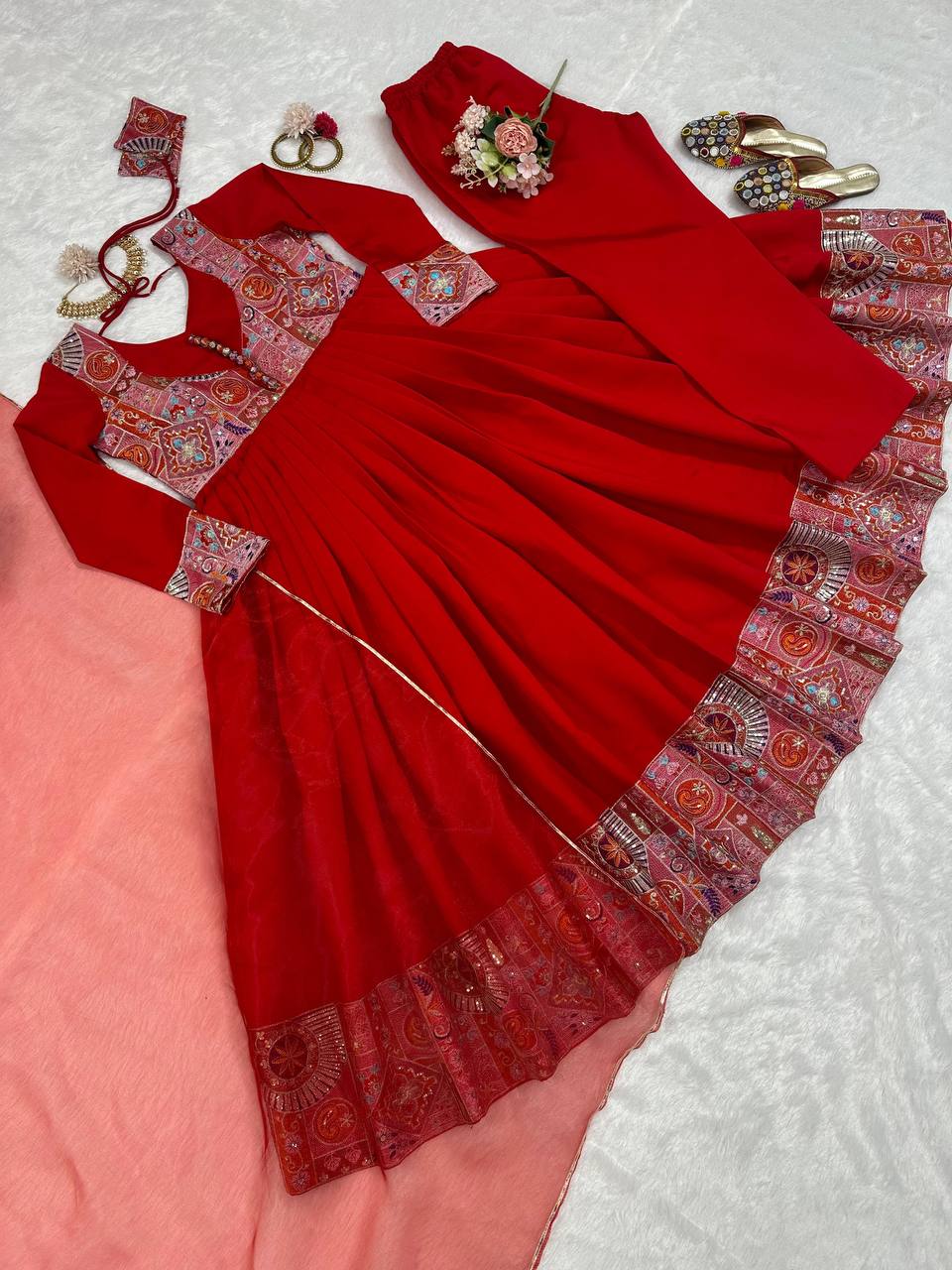 Embroidered Thread and Sequins Work  Red Coloured Roman Silk Gown, Pant, and Dupatta Set