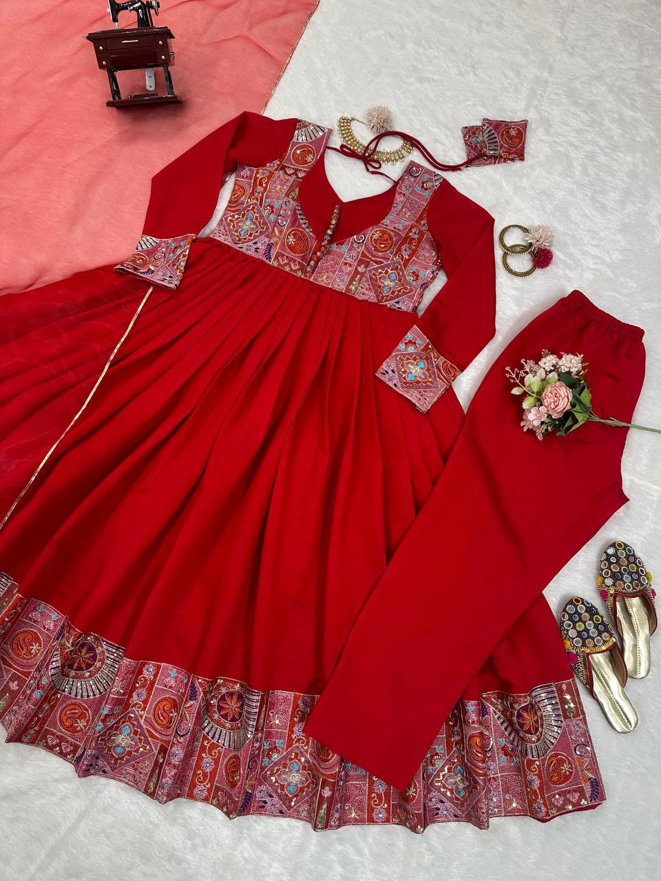 Embroidered Thread and Sequins Work  Red Coloured Roman Silk Gown, Pant, and Dupatta Set