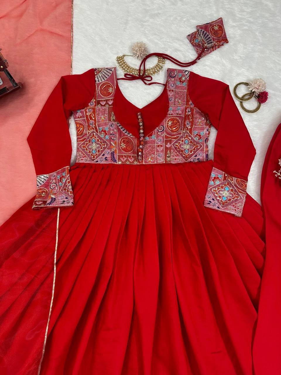 Embroidered Thread and Sequins Work  Red Coloured Roman Silk Gown, Pant, and Dupatta Set