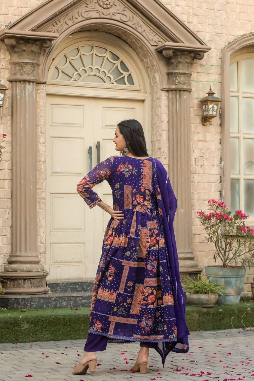 Traditional Hand Embroidery and Kodi Work Georgette Gown Suit Set