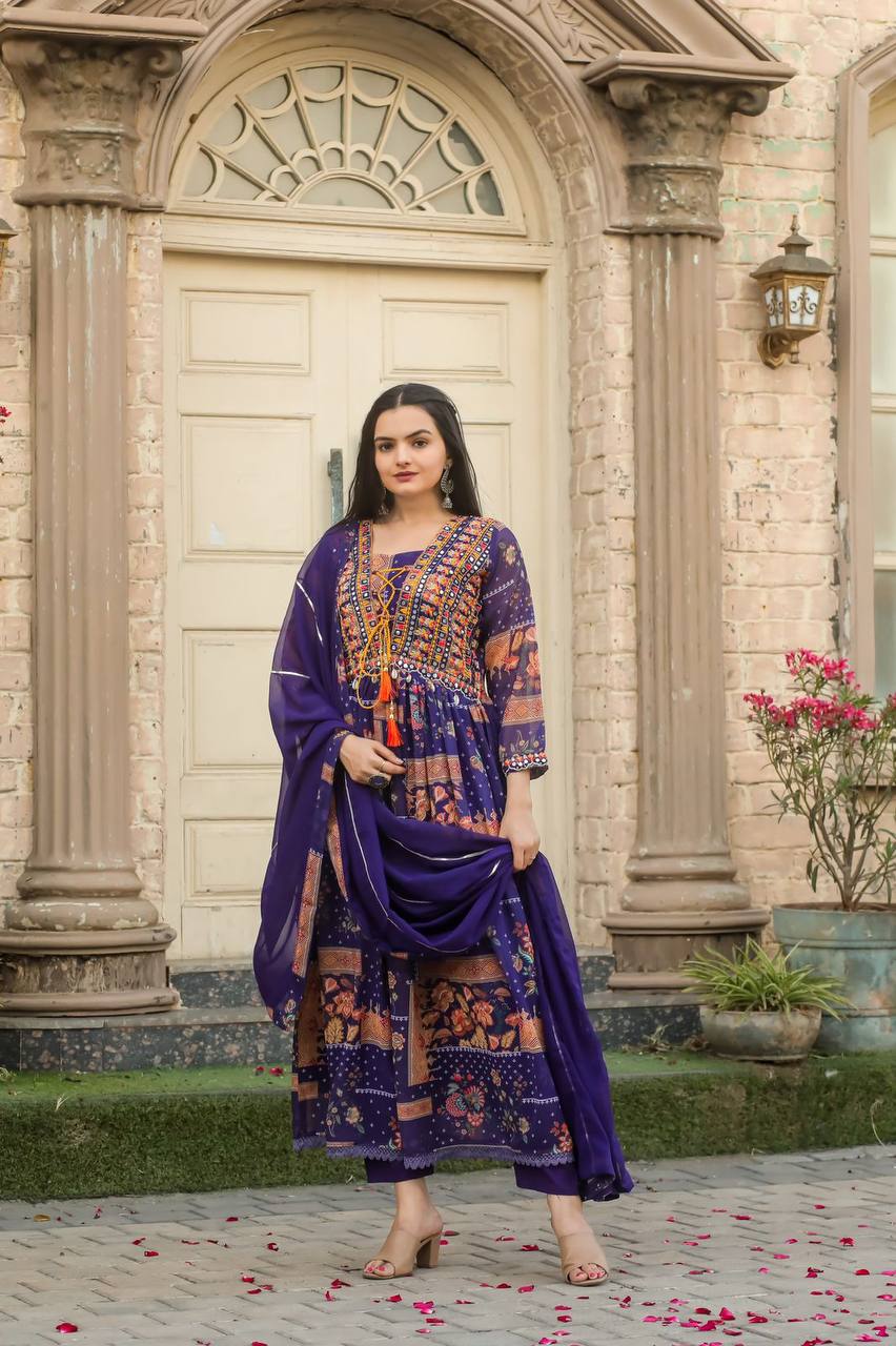 Traditional Hand Embroidery and Kodi Work Georgette Gown Suit Set