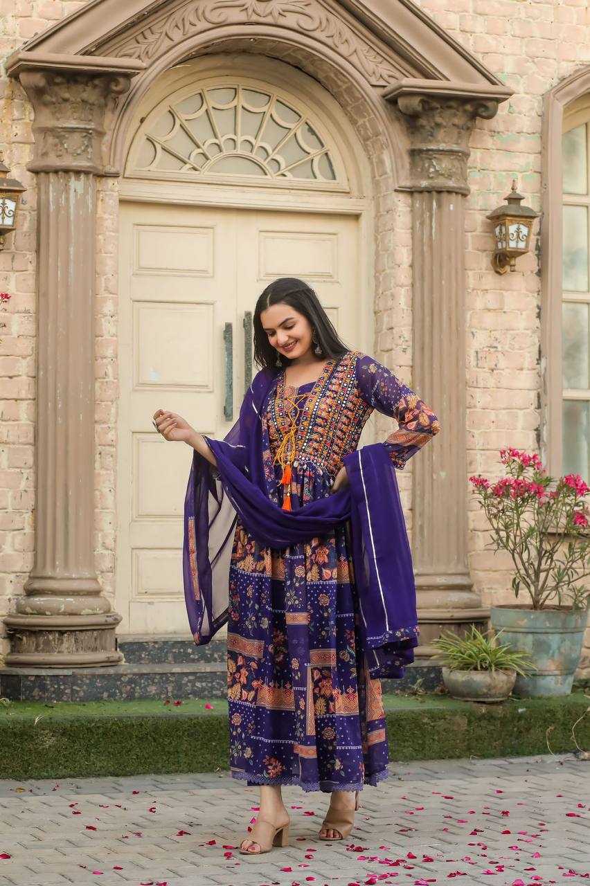 Traditional Hand Embroidery and Kodi Work Georgette Gown Suit Set