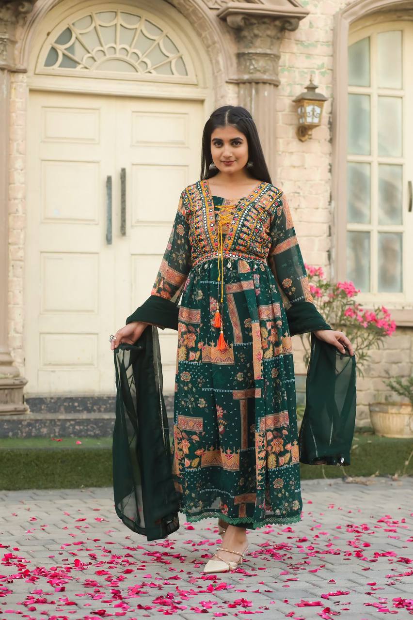 Traditional Hand Embroidery and Kodi Work Georgette Gown Suit Set