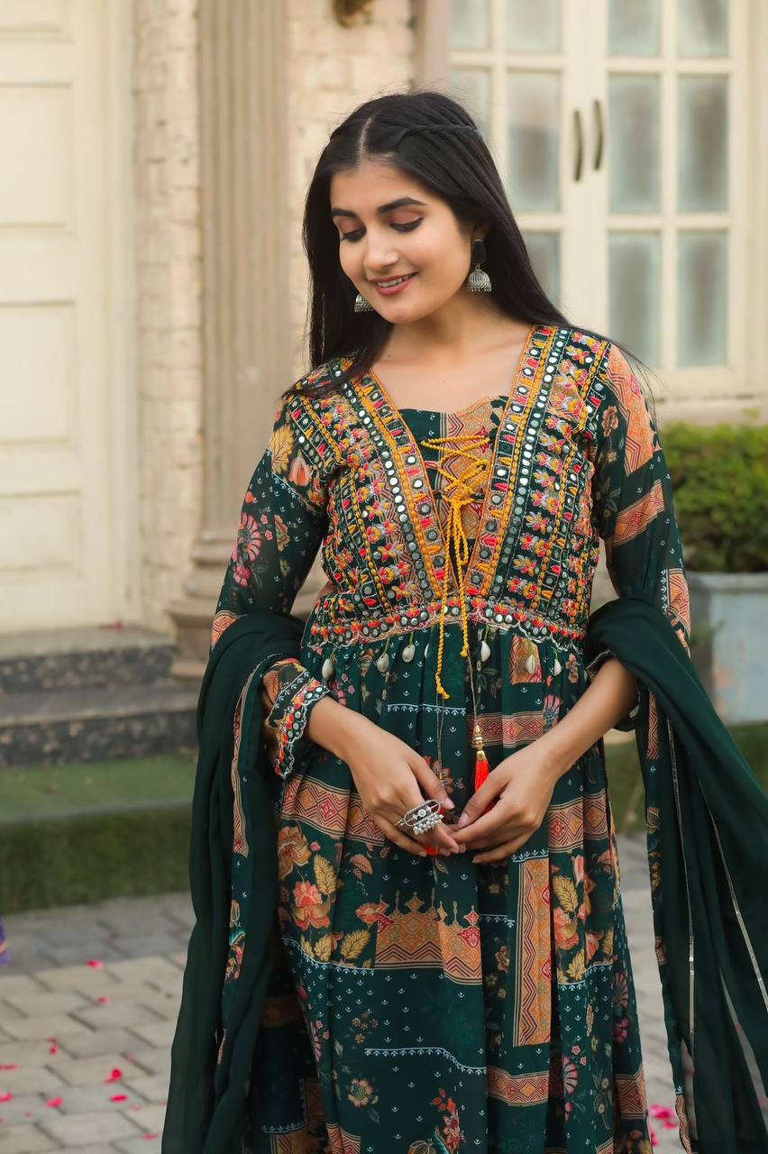 Traditional Hand Embroidery and Kodi Work Georgette Gown Suit Set