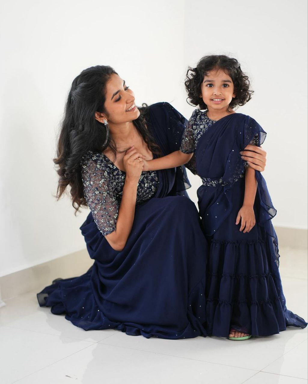 New Designer Party Wear Ready-to-Wear Lehenga Saree with Stitched Embroidered Blouse - Mother & Daughter Combo