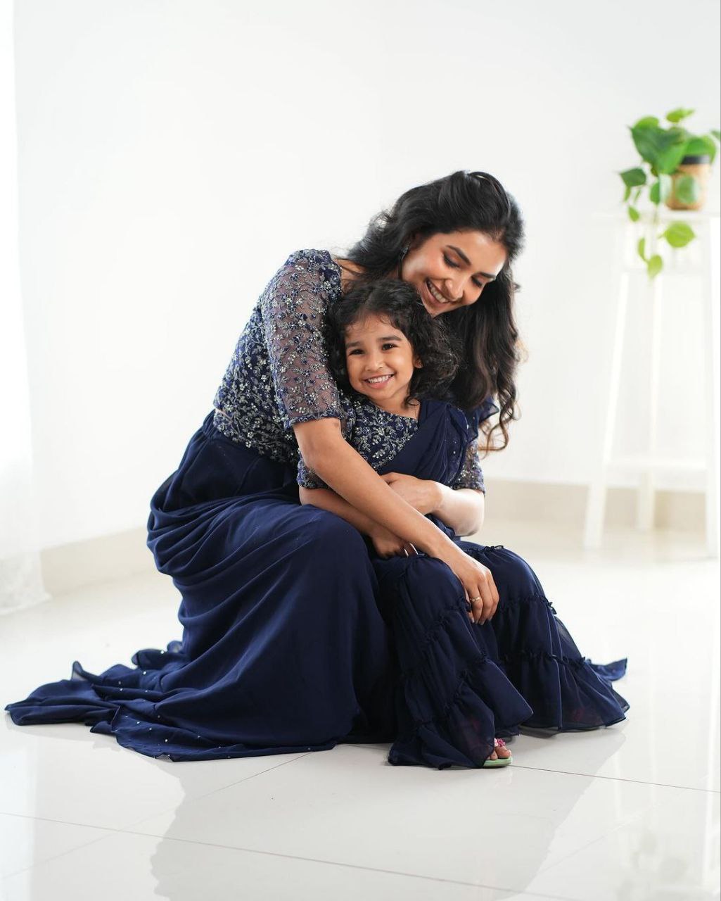 New Designer Party Wear Ready-to-Wear Lehenga Saree with Stitched Embroidered Blouse - Mother & Daughter Combo