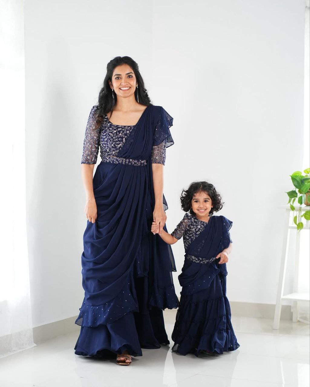 New Designer Party Wear Ready-to-Wear Lehenga Saree with Stitched Embroidered Blouse - Mother & Daughter Combo