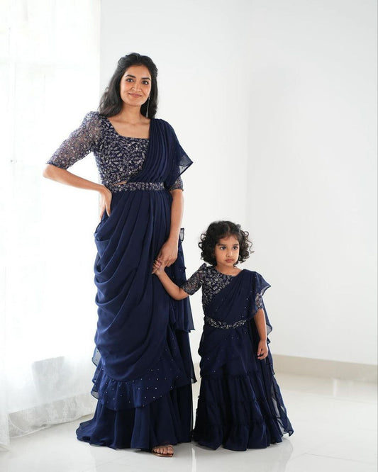 New Designer Party Wear Ready-to-Wear Lehenga Saree with Stitched Embroidered Blouse - Mother & Daughter Combo