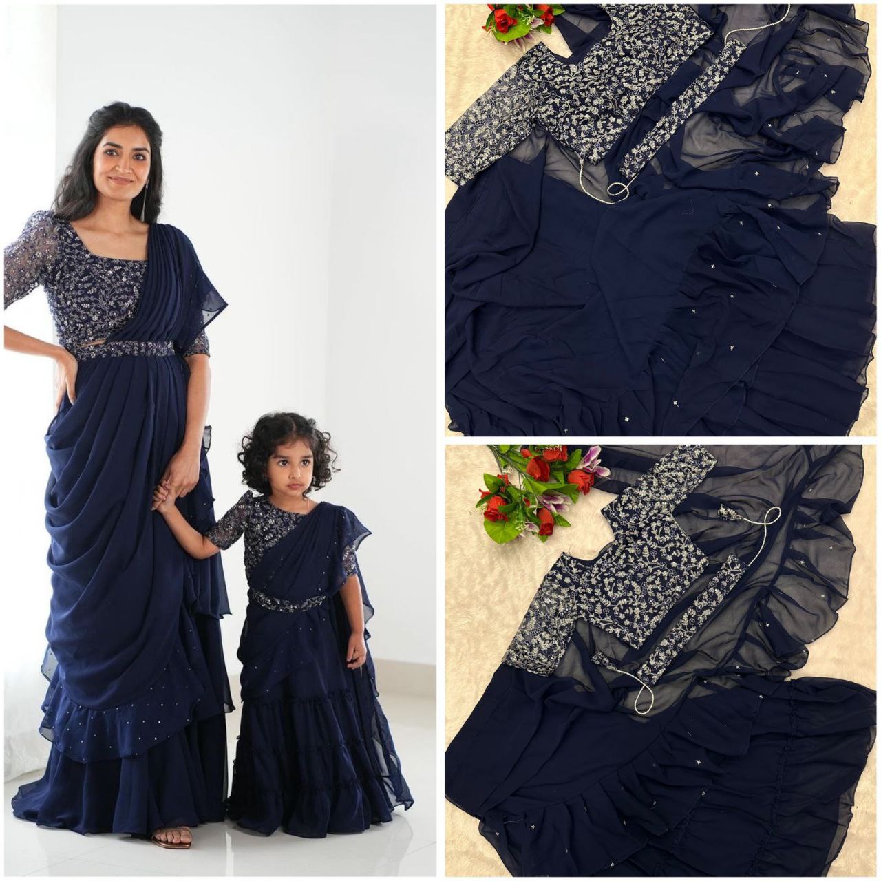 New Designer Party Wear Ready-to-Wear Lehenga Saree with Stitched Embroidered Blouse - Mother & Daughter Combo