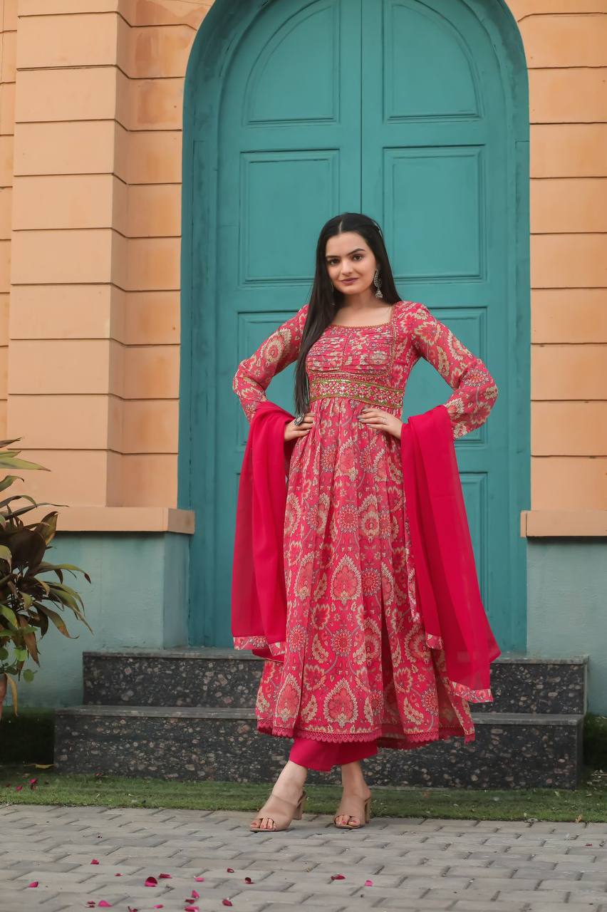 Multicoloured Anarkali Mirror Work Printed Gown with Pant and Dupatta Set