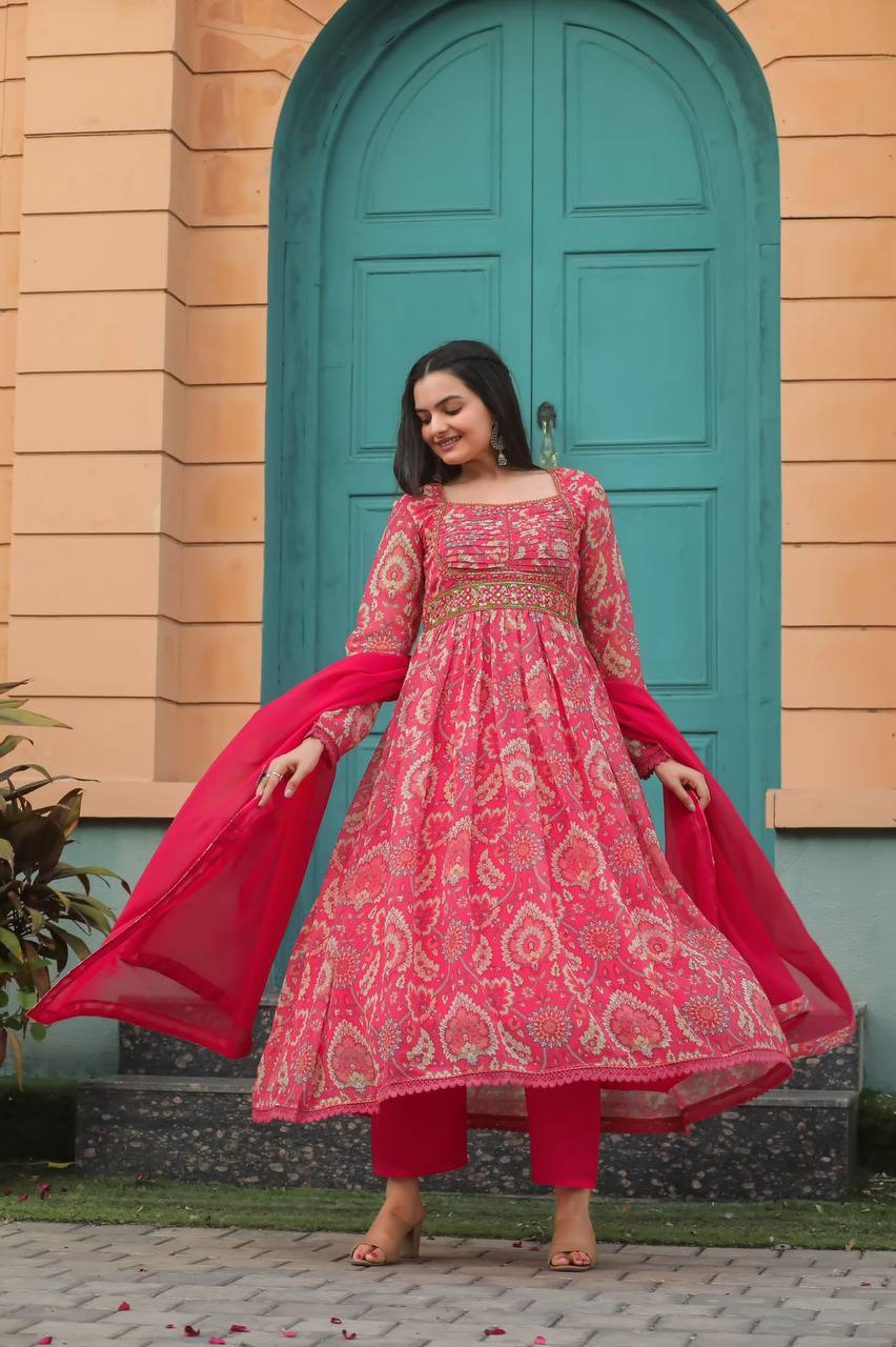 Multicoloured Anarkali Mirror Work Printed Gown with Pant and Dupatta Set