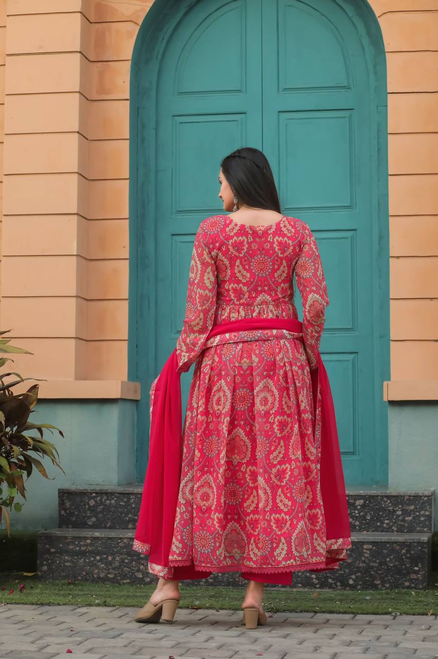 Multicoloured Anarkali Mirror Work Printed Gown with Pant and Dupatta Set