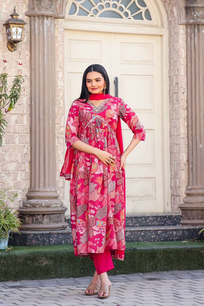 Alia Cut Printed Gown Suit Set with Nazneen Dupatta