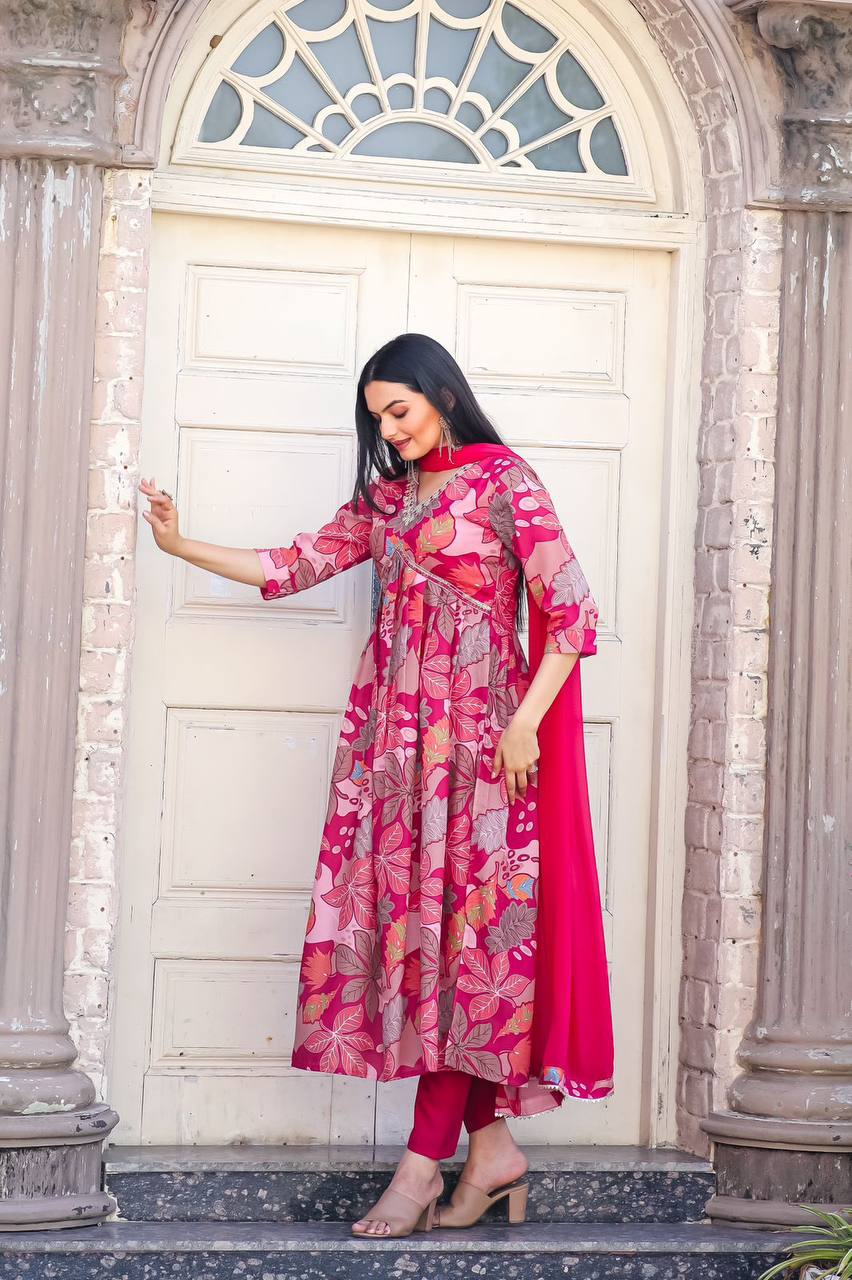 Alia Cut Printed Gown Suit Set with Nazneen Dupatta