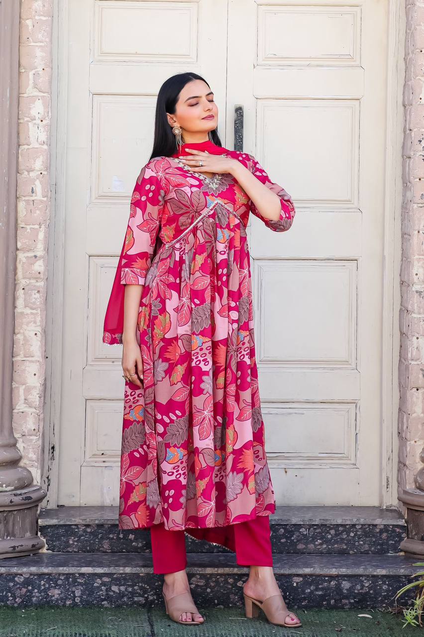 Alia Cut Printed Gown Suit Set with Nazneen Dupatta