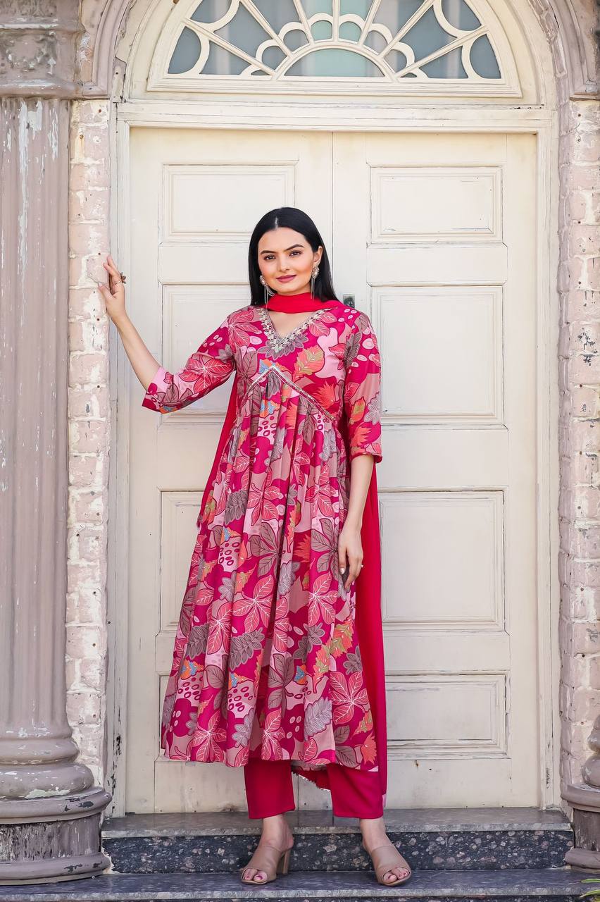 Alia Cut Printed Gown Suit Set with Nazneen Dupatta