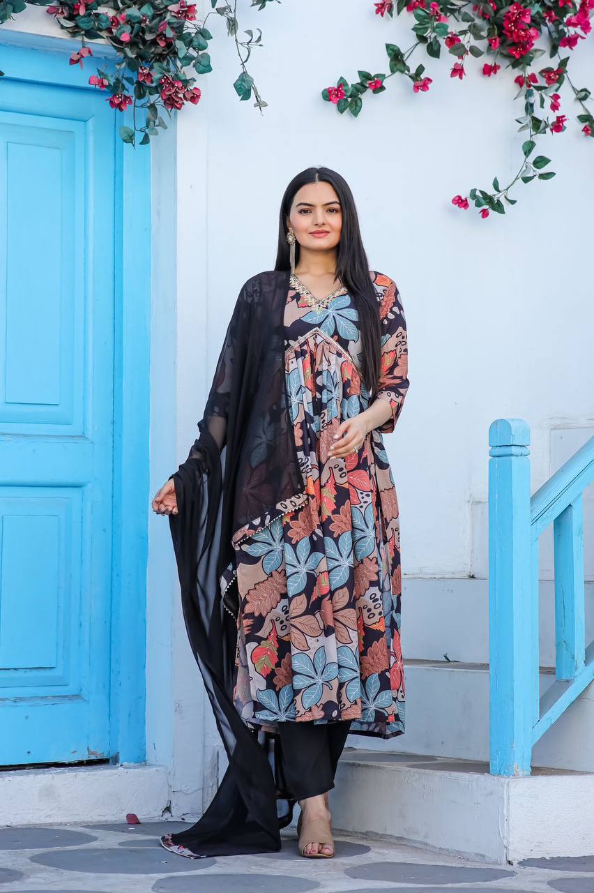 Alia Cut Printed Gown Suit Set with Nazneen Dupatta