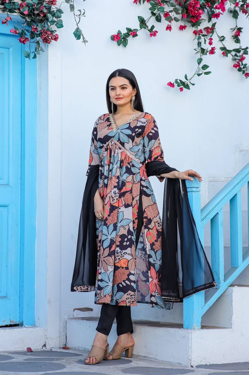 Alia Cut Printed Gown Suit Set with Nazneen Dupatta