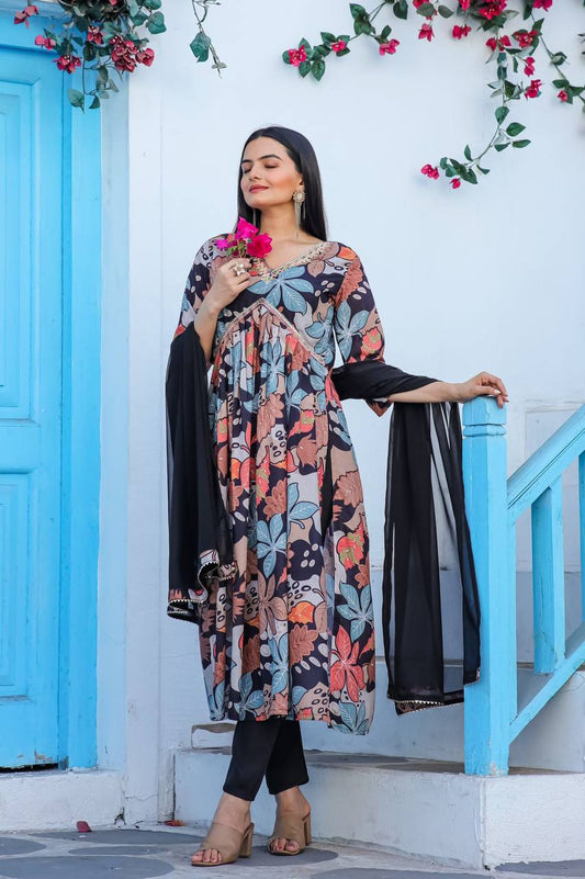 Alia Cut Printed Gown Suit Set with Nazneen Dupatta