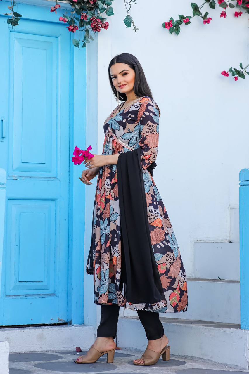 Alia Cut Printed Gown Suit Set with Nazneen Dupatta