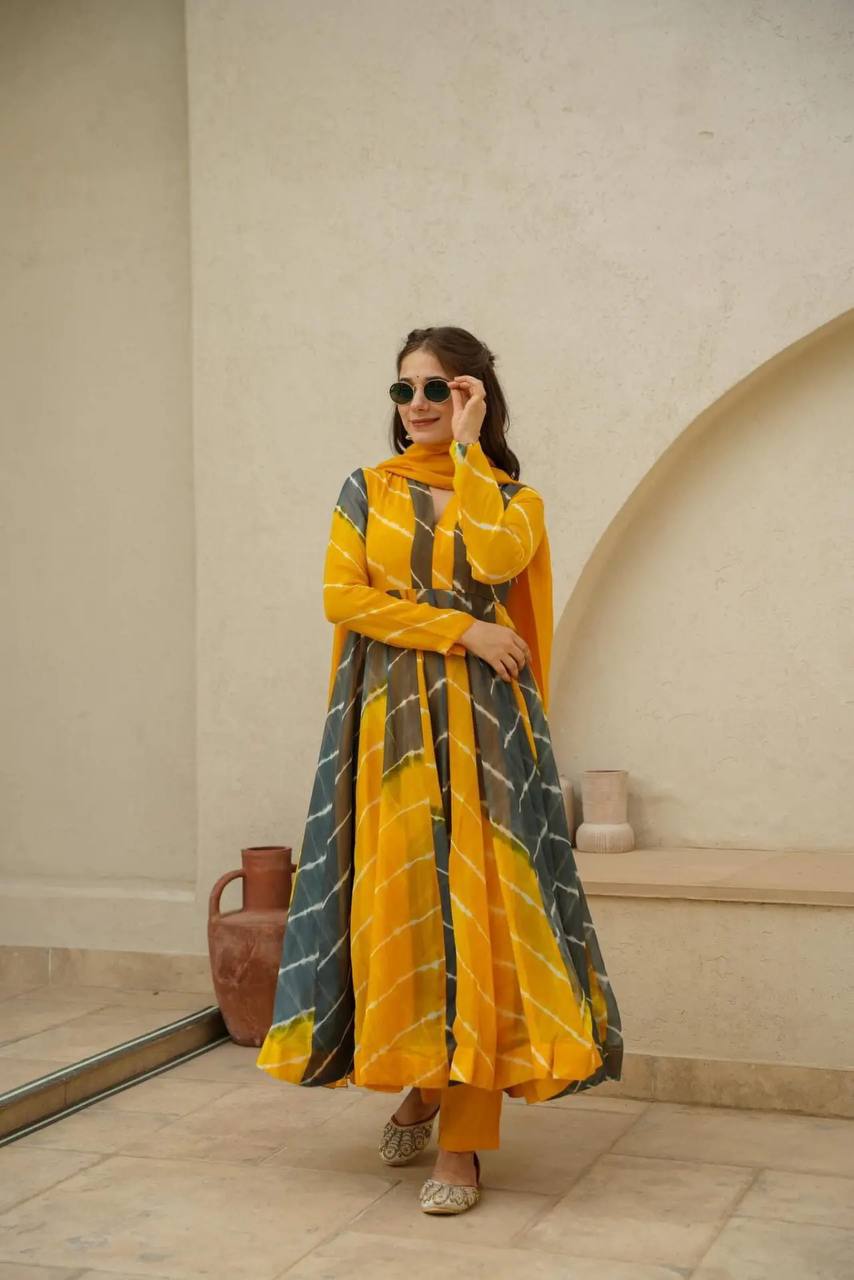 Organza Multi Colour Anarkali Gown Suit Set with Dupatta