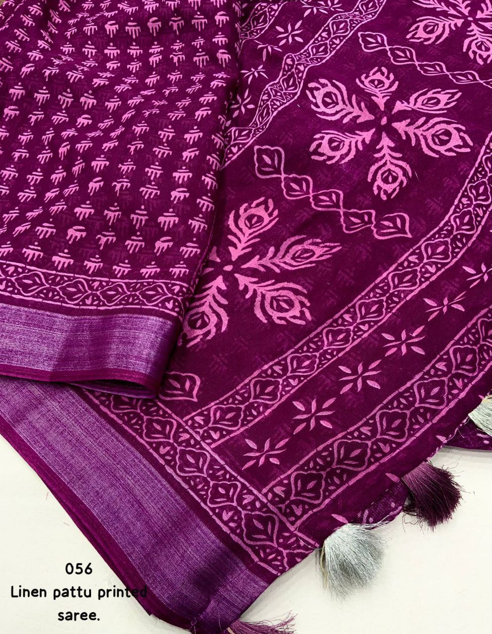 zari pattu border Mogra Batik printed linen Saree With Blouse