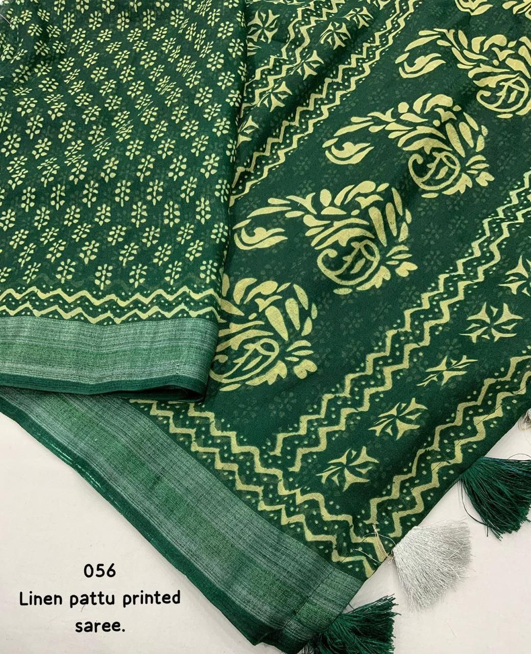 zari pattu border Mogra Batik printed linen Saree With Blouse