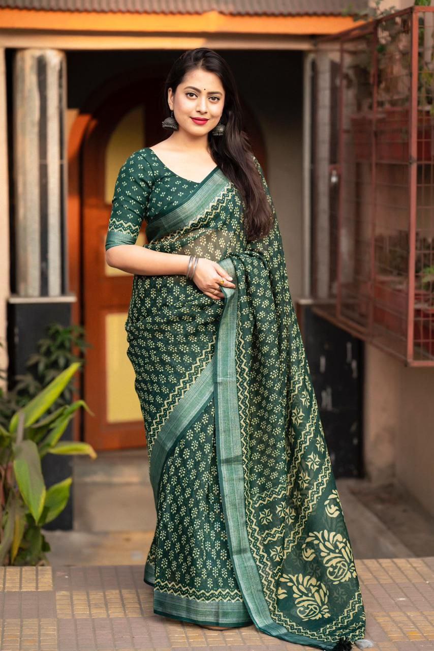 zari pattu border Mogra Batik printed linen Saree With Blouse