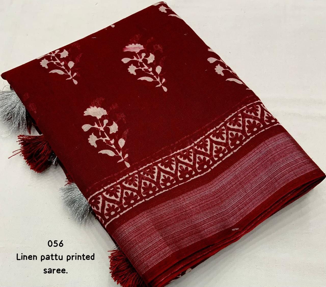 zari pattu border Mogra Batik printed linen Saree With Blouse