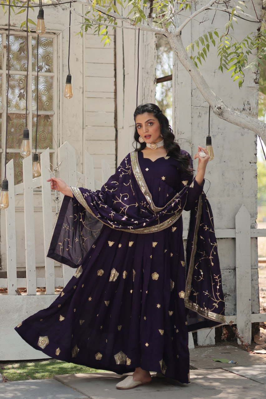 Women's Vichitra Shimmer with Rich Sequins Embroidered work Gown With Dupatta