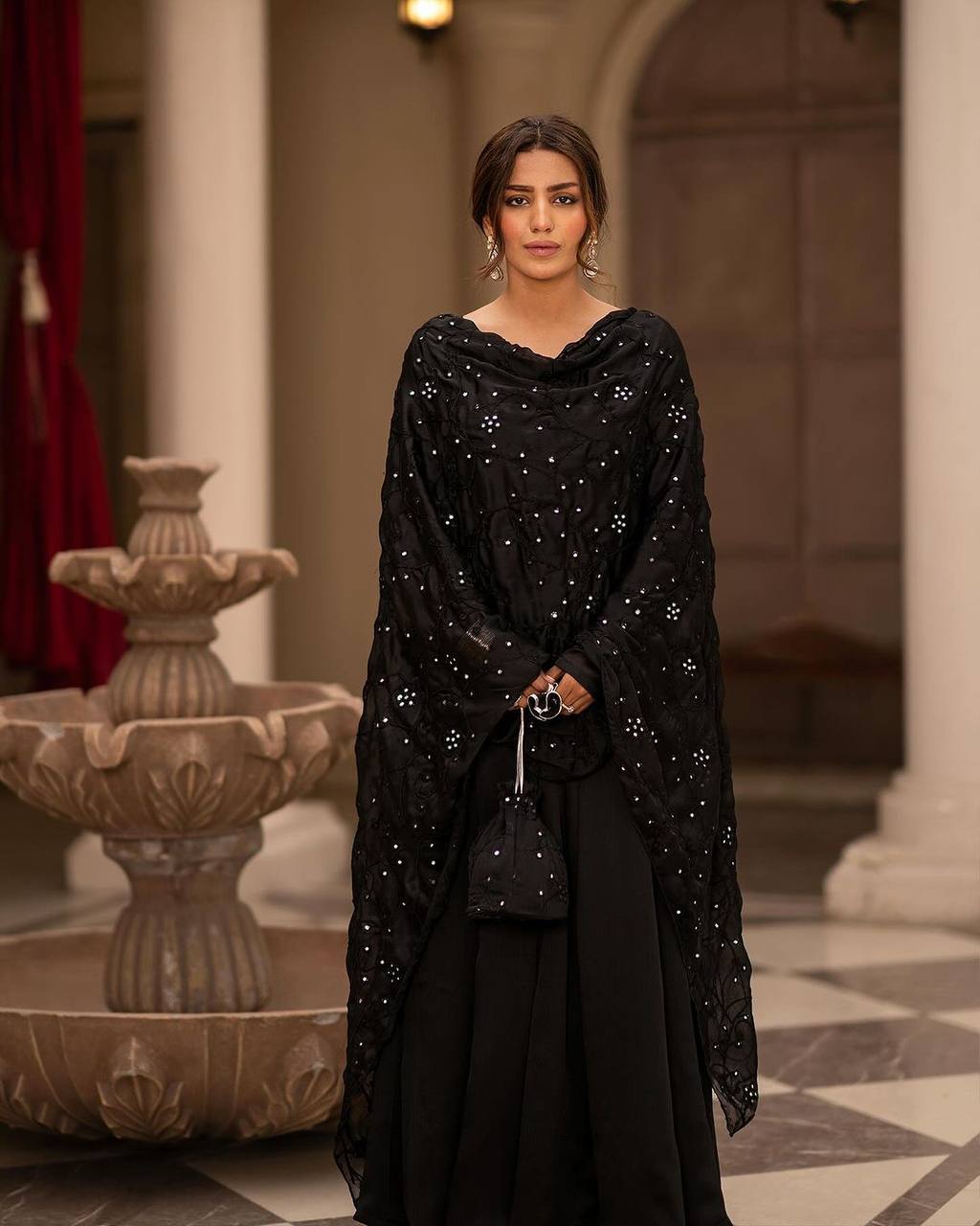 Premium Black Roman Cotton Anarkali Gown Suit Set