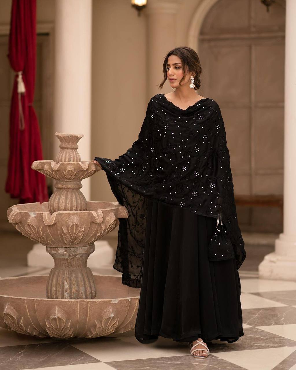 Premium Black Roman Cotton Anarkali Gown Suit Set