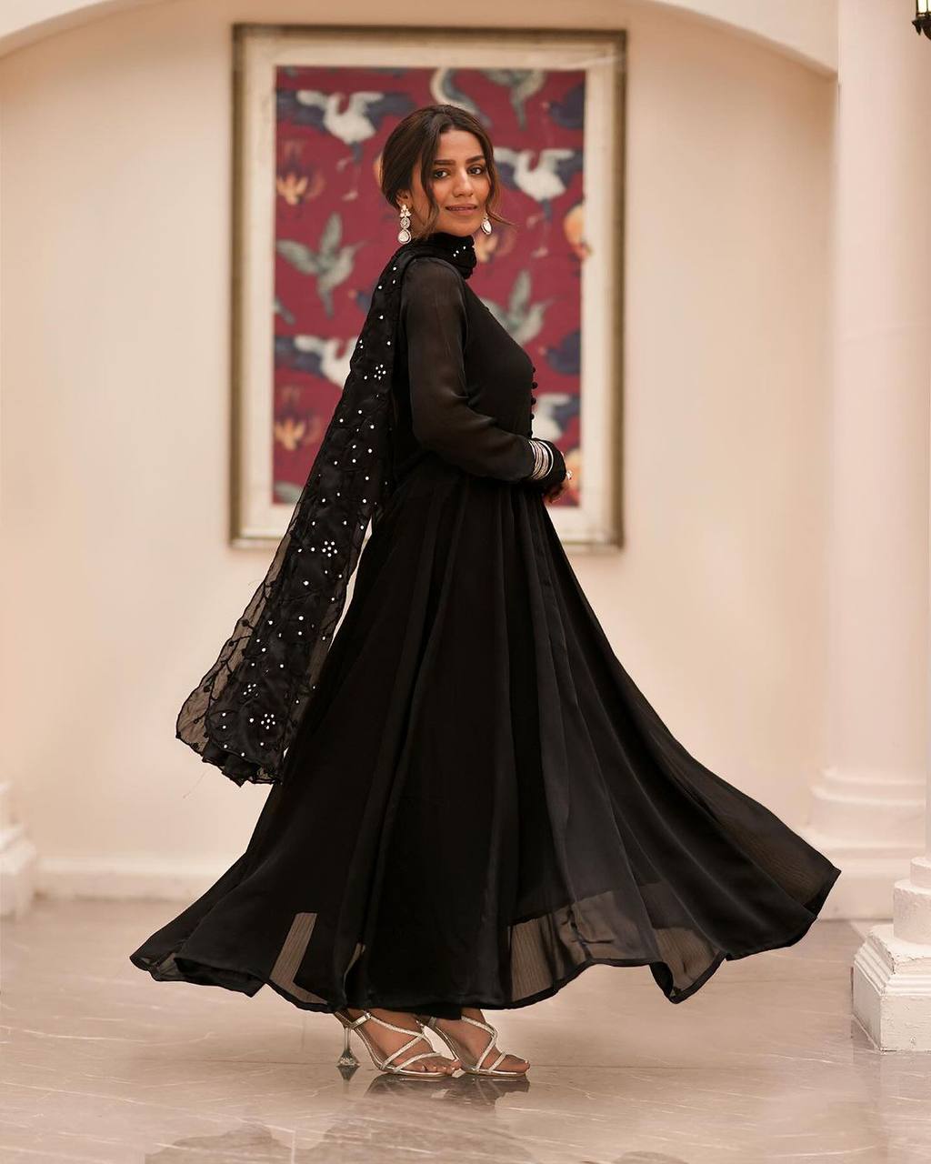 Premium Black Roman Cotton Anarkali Gown Suit Set