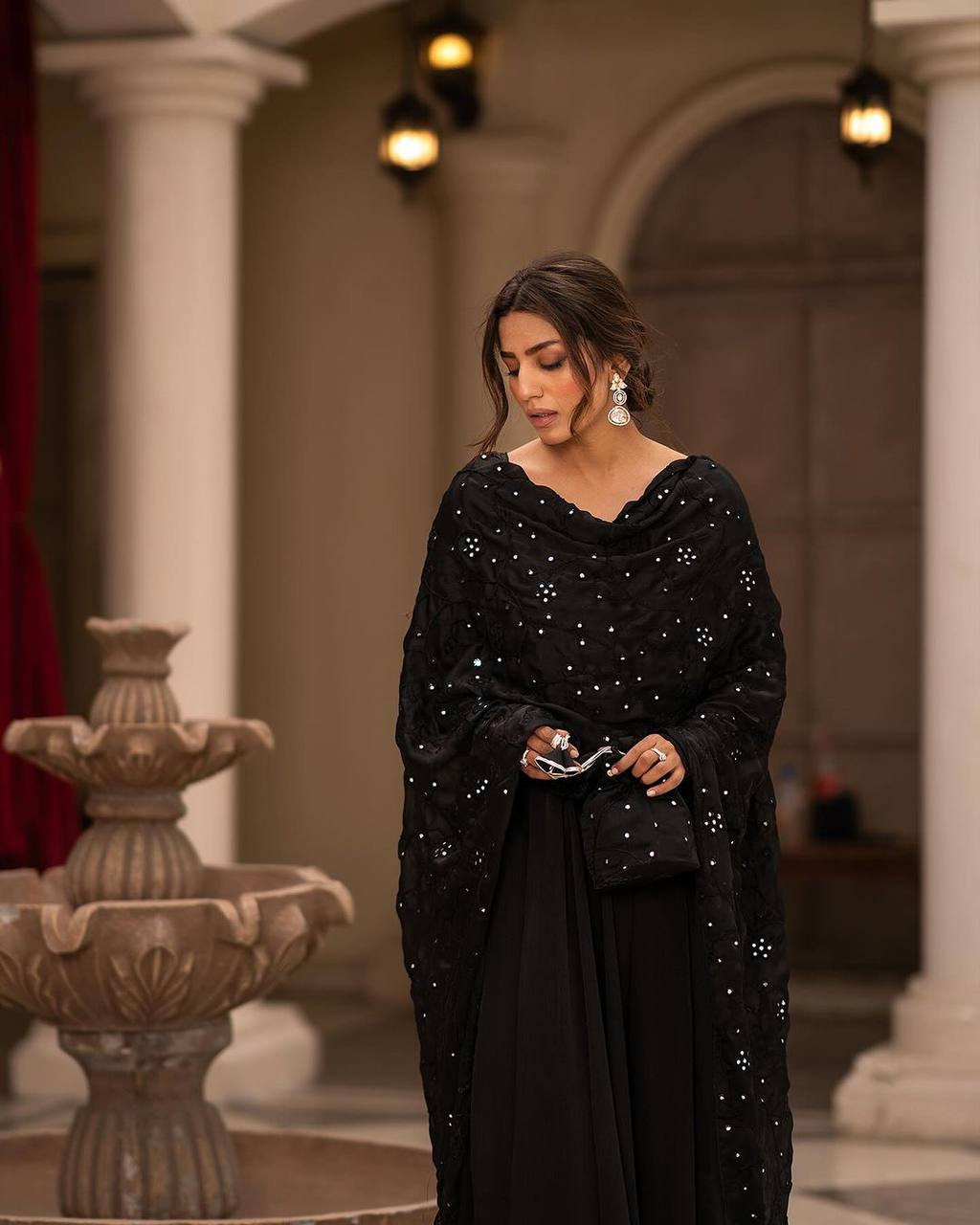 Premium Black Roman Cotton Anarkali Gown Suit Set