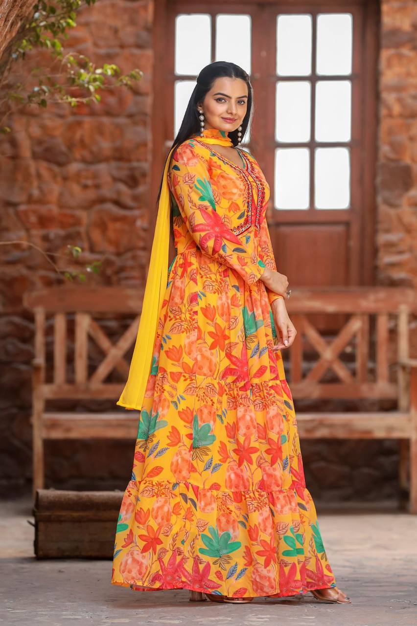 Multicoloured Mirror Work Anarkali Gown Suit Set