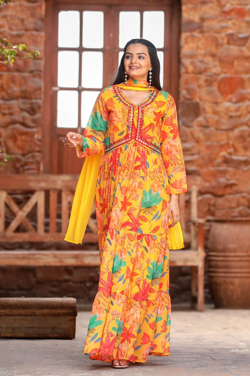 Multicoloured Mirror Work Anarkali Gown Suit Set