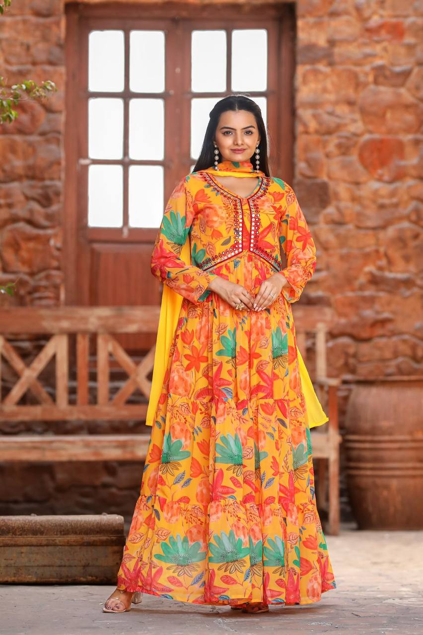 Multicoloured Mirror Work Anarkali Gown Suit Set