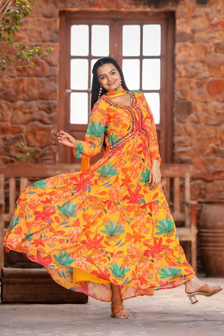 Multicoloured Mirror Work Anarkali Gown Suit Set