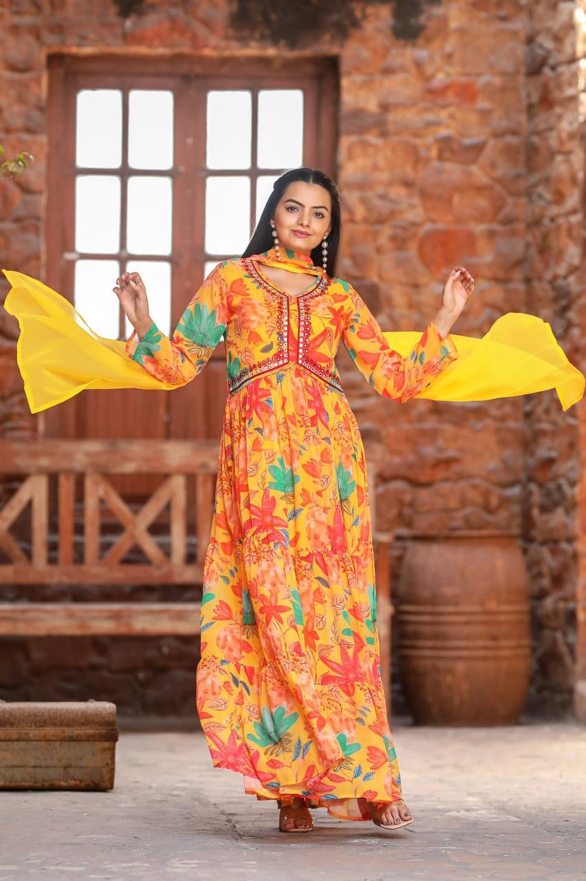 Multicoloured Mirror Work Anarkali Gown Suit Set