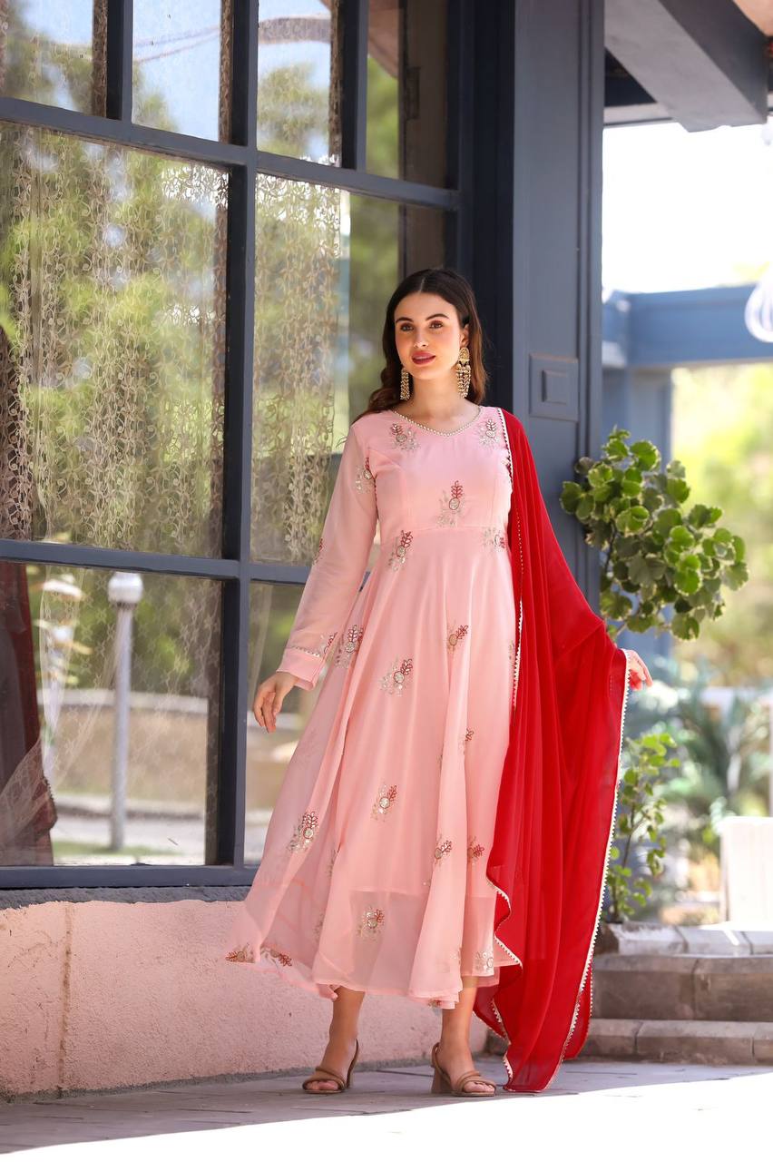 Pakistani Style Pink Georgette Gown with Dupatta